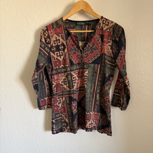 Ralph Lauren Tops - Ralph Lauren Aztec Print Henley Button Up 100% Cotton 3/4 Length Sleeve Shirt L